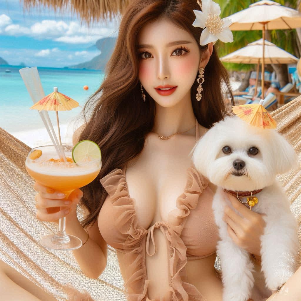 妹子海邊戲水與狗狗
