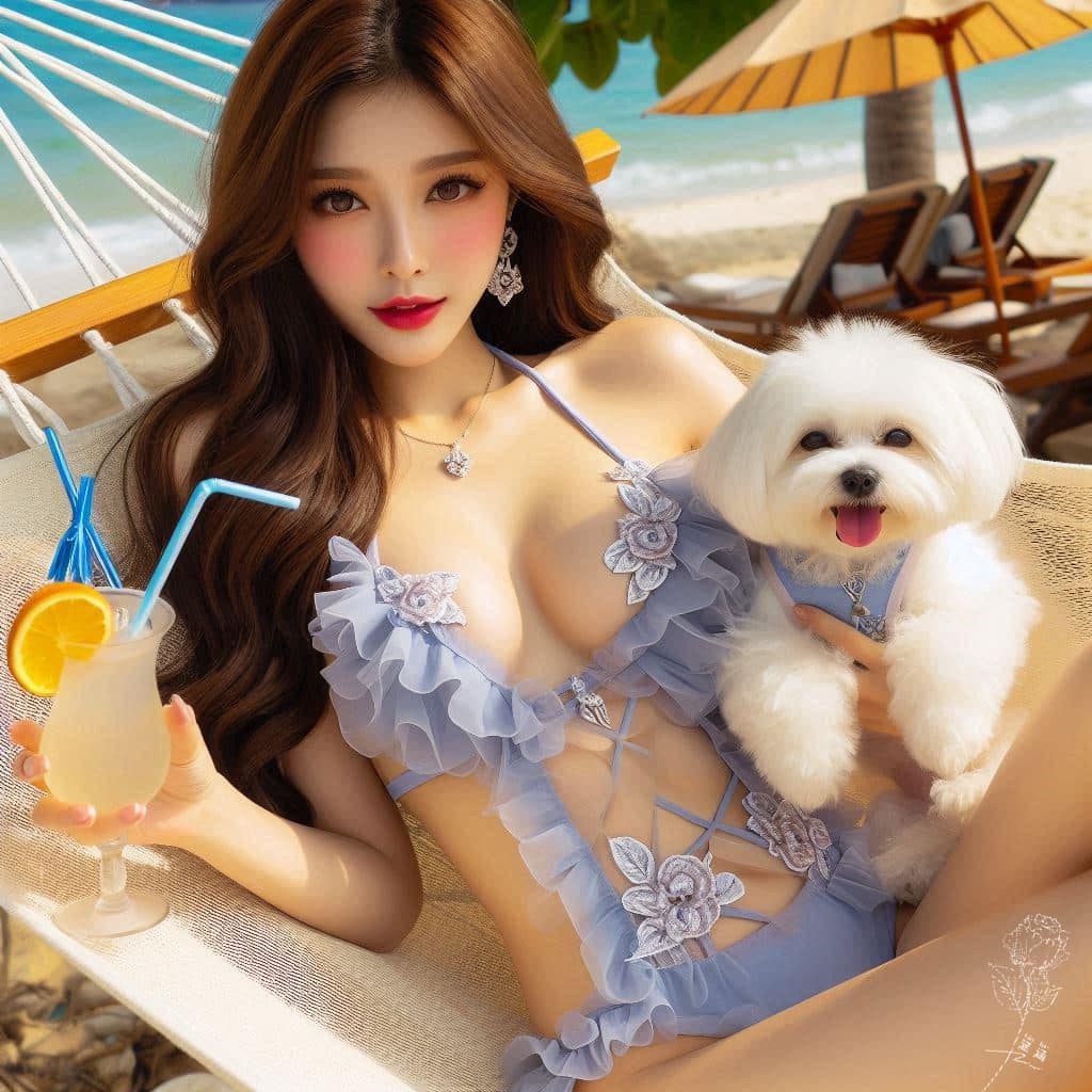 妹子海邊戲水與狗狗