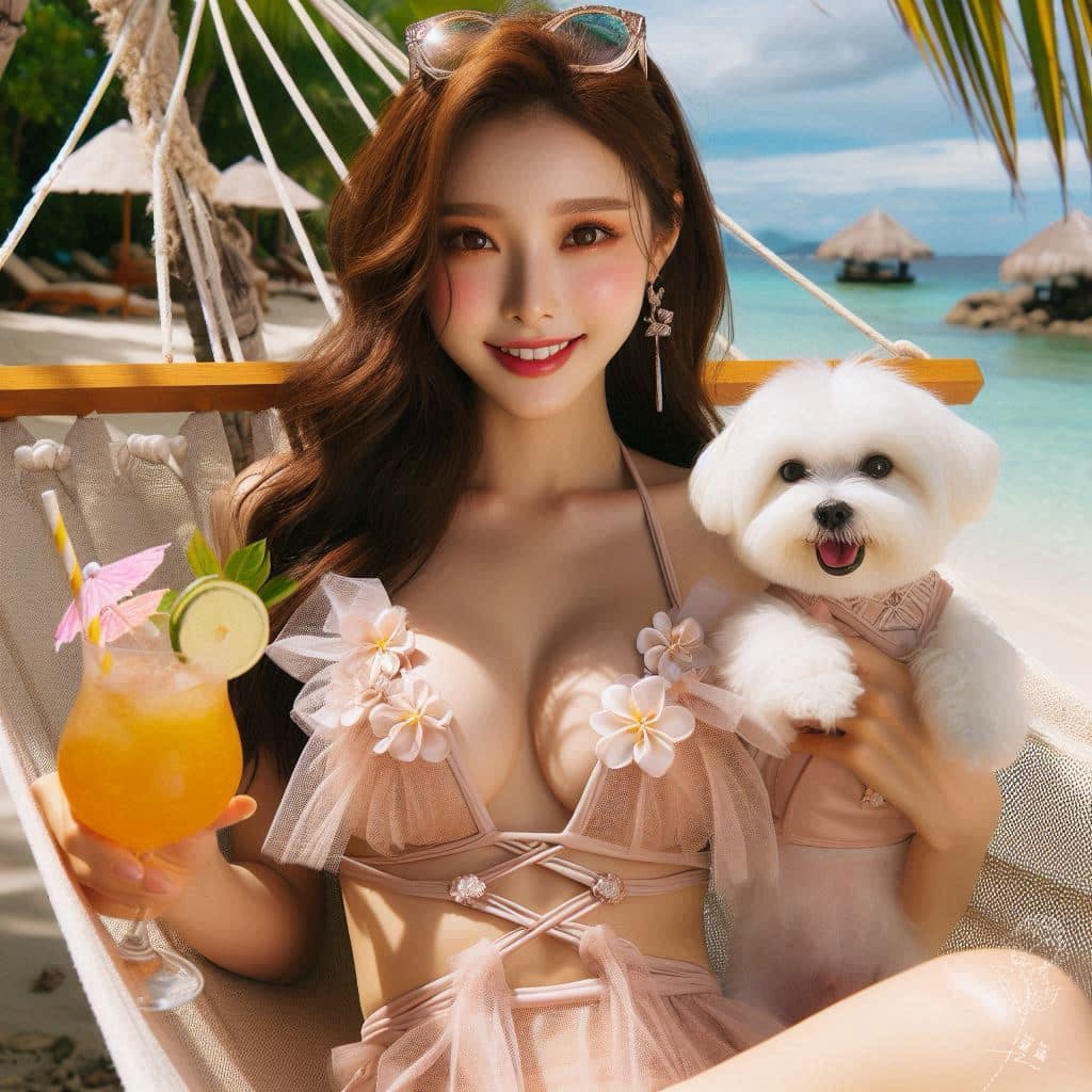 妹子海邊戲水與狗狗