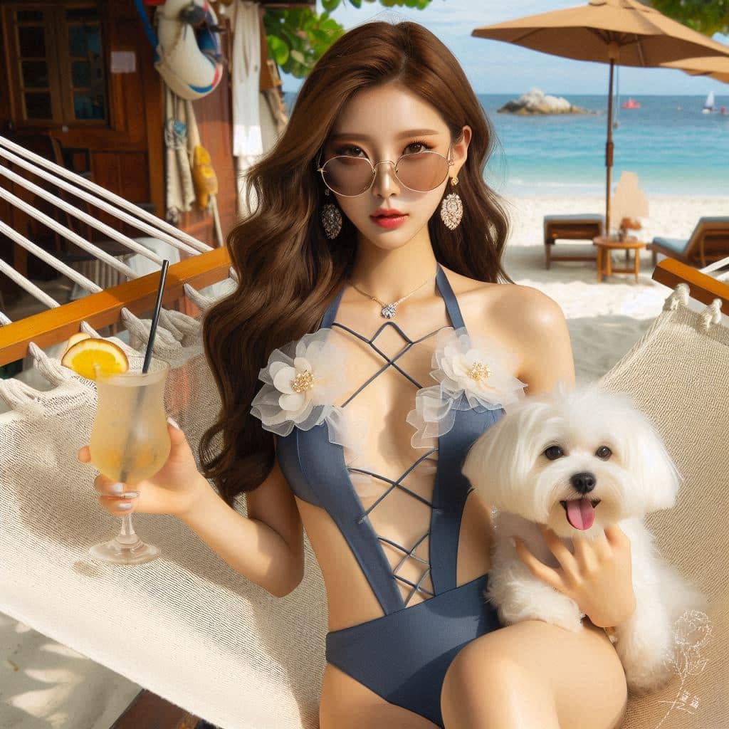 妹子海邊戲水與狗狗