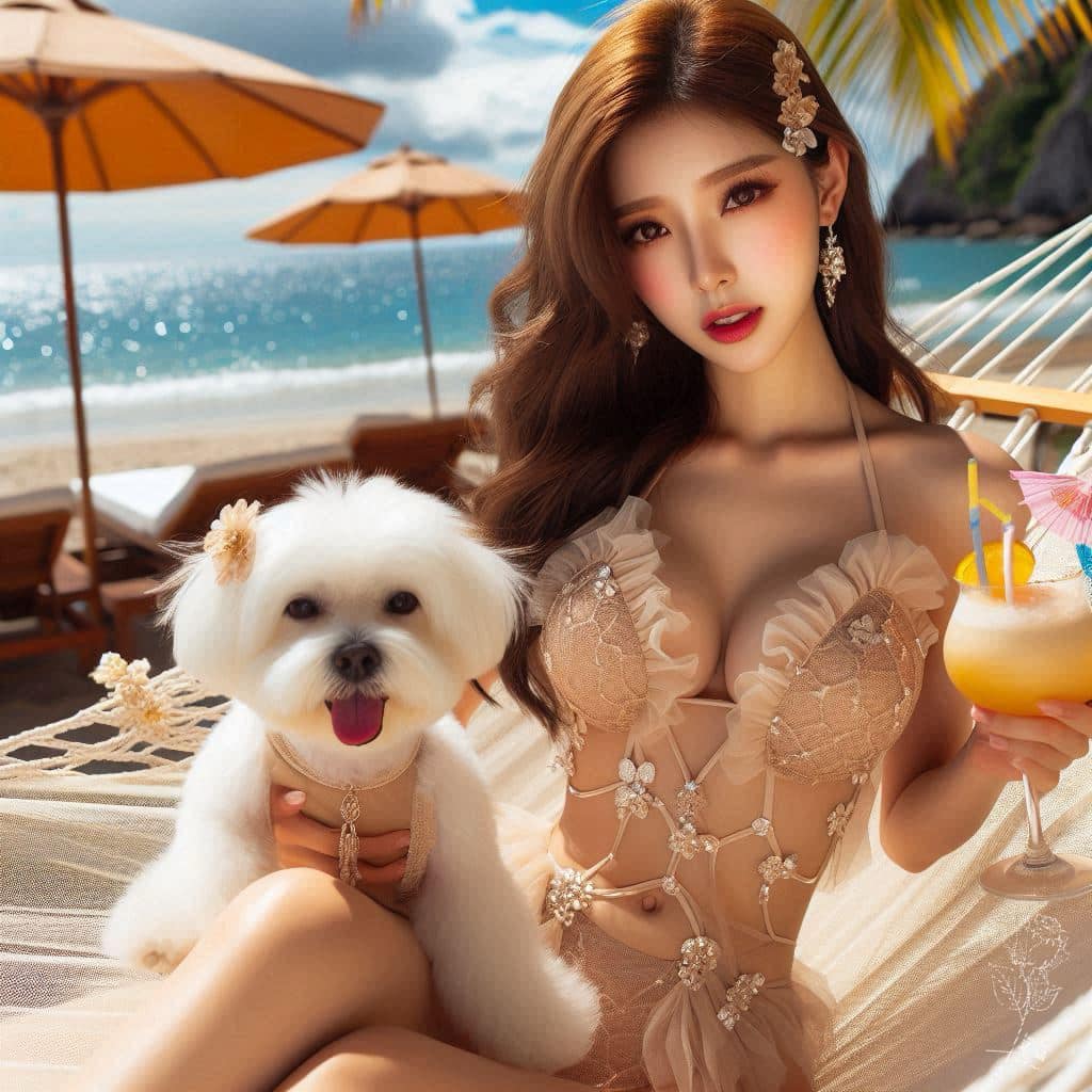 妹子海邊戲水與狗狗