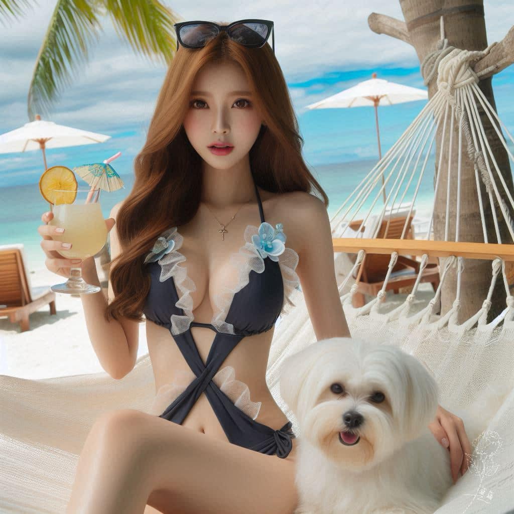 妹子海邊戲水與狗狗