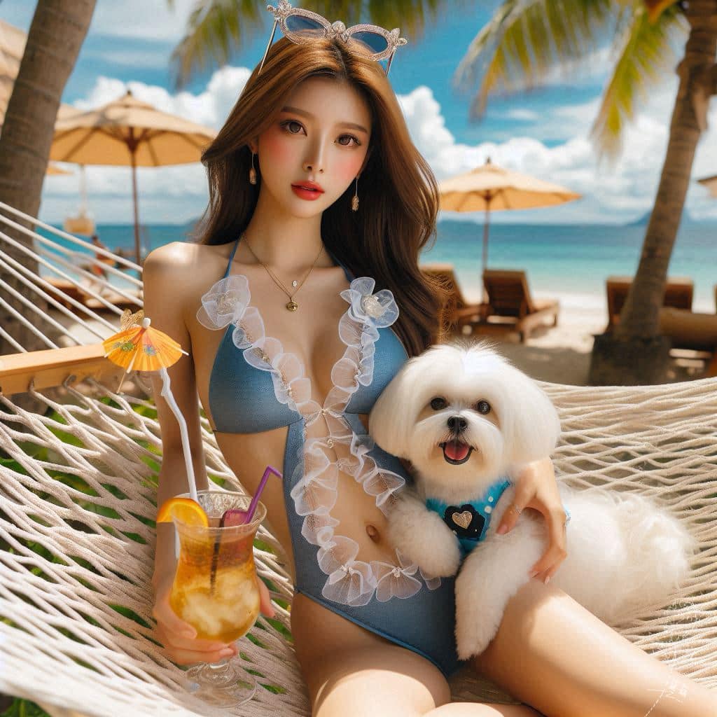 妹子海邊戲水與狗狗