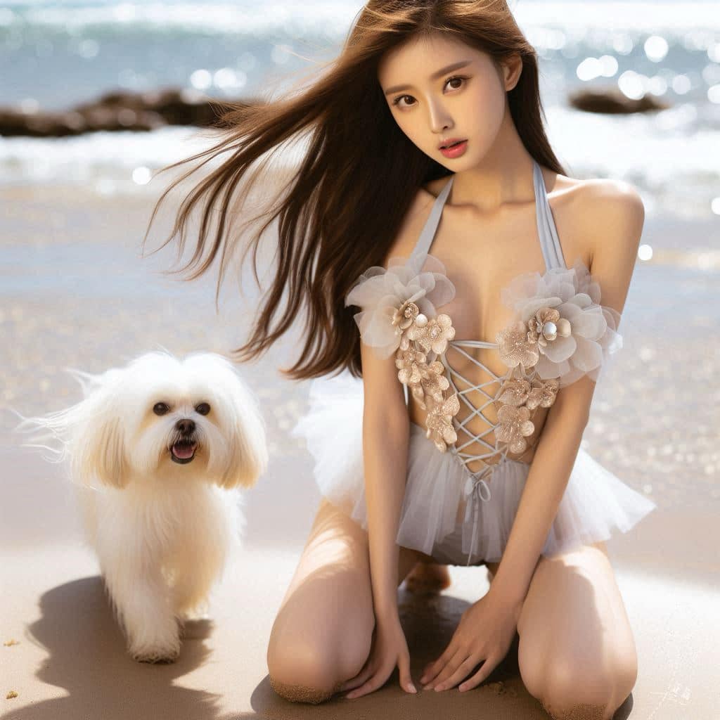 妹子海邊戲水與狗狗
