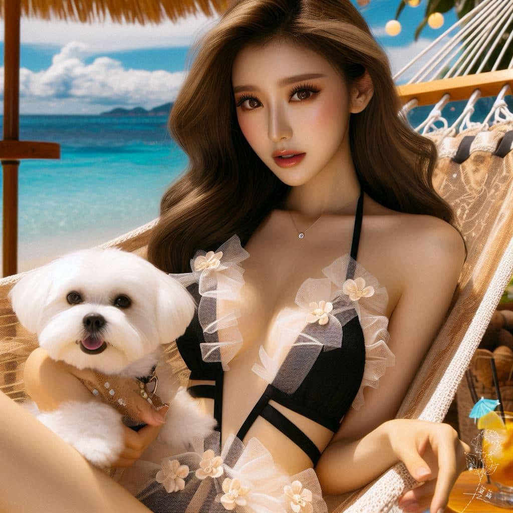 妹子海邊戲水與狗狗