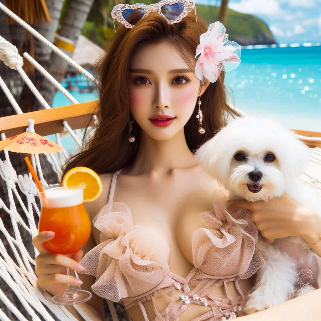 妹子海邊戲水與狗狗