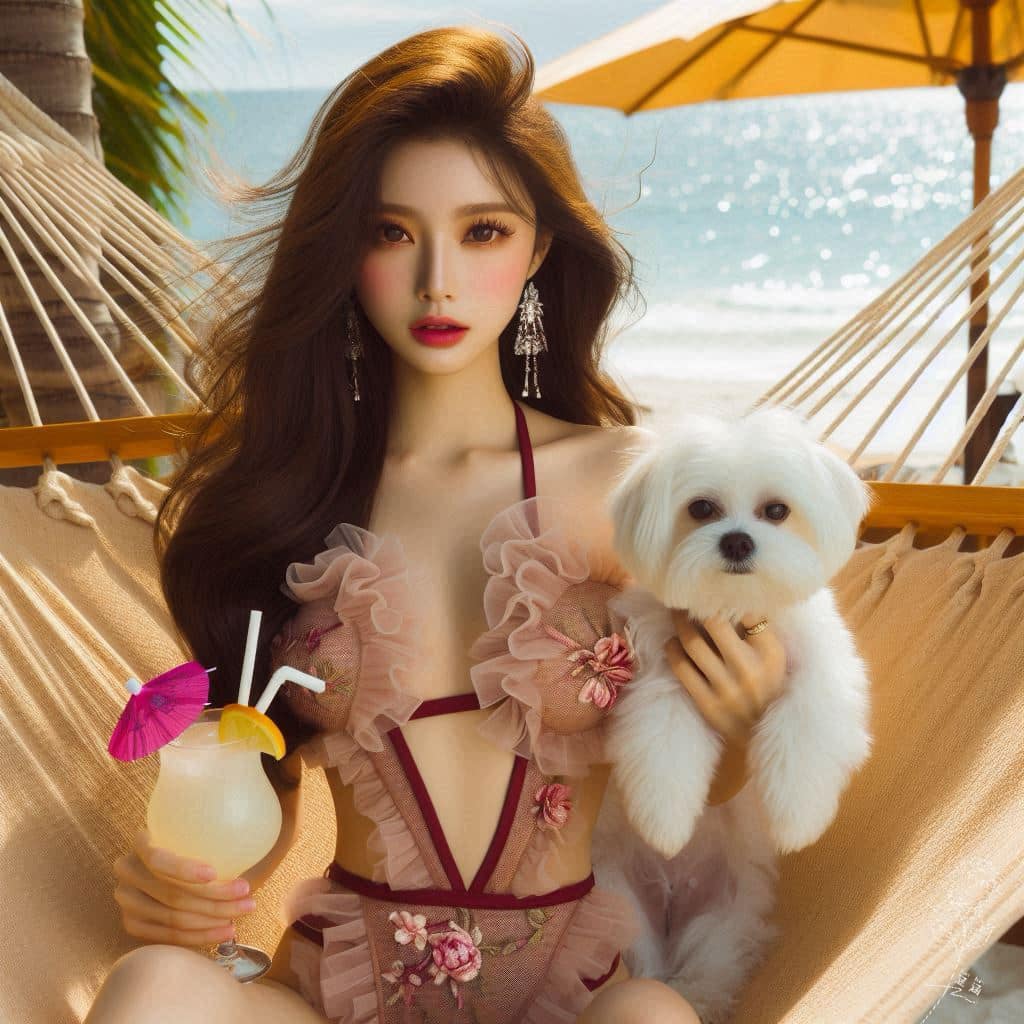 妹子海邊戲水與狗狗