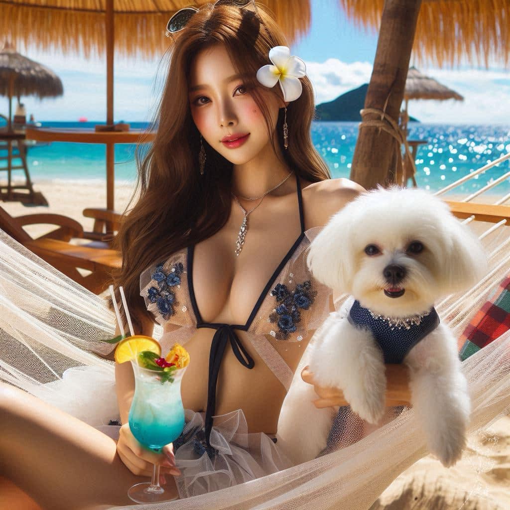 妹子海邊戲水與狗狗