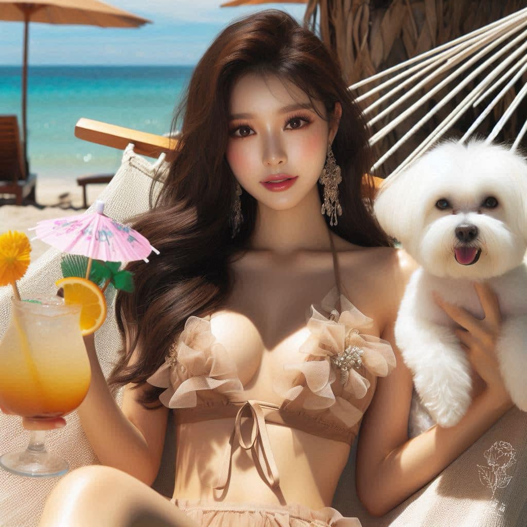 妹子海邊戲水與狗狗