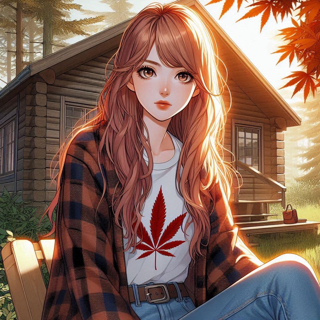 秋天木屋前的草莓金髮妞