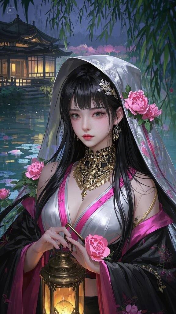 Floating Painted Scroll - Peony Lantern Night Tour