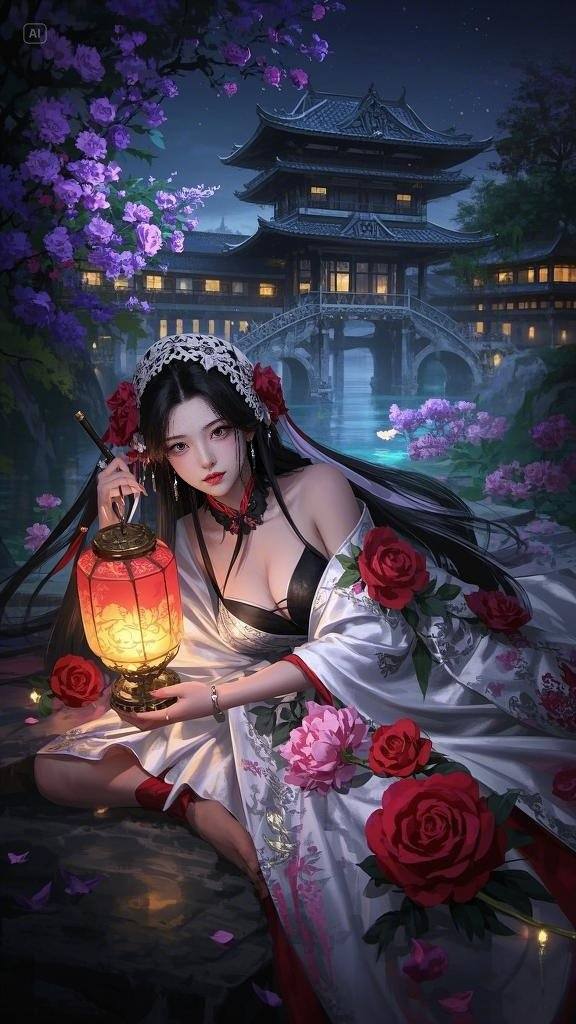 Floating Painted Scroll - Peony Lantern Night Tour