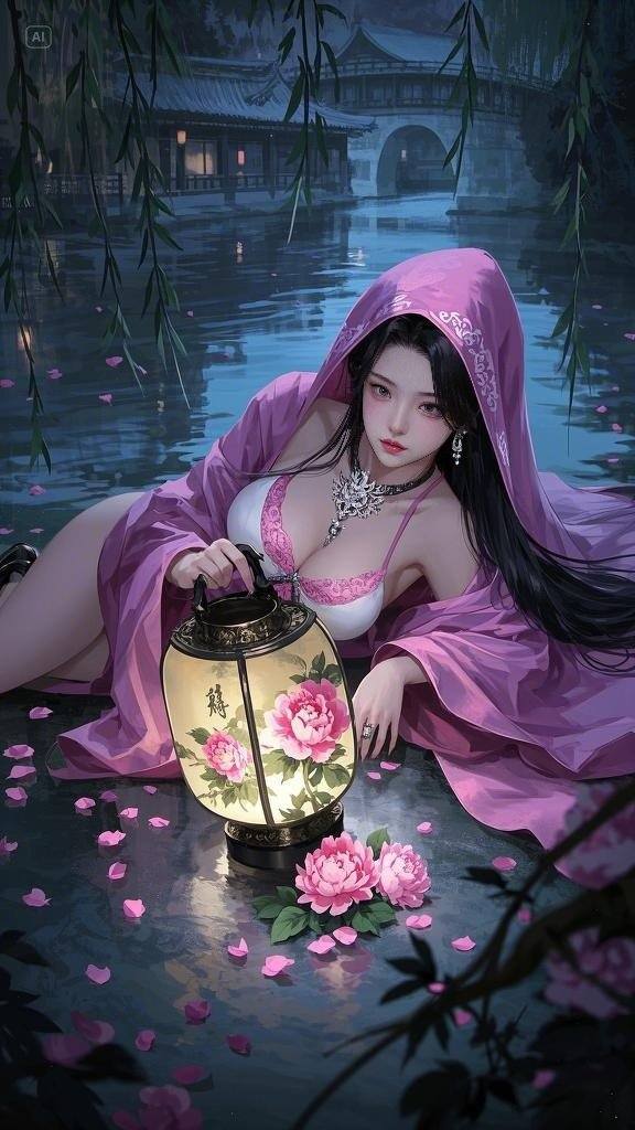 Floating Painted Scroll - Peony Lantern Night Tour
