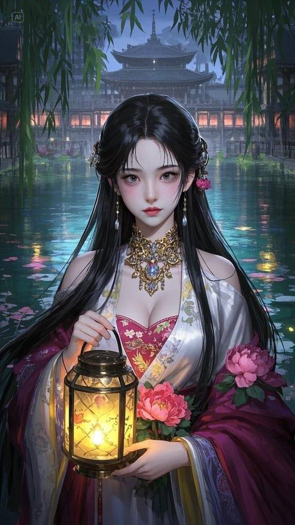 Floating Painted Scroll - Peony Lantern Night Tour