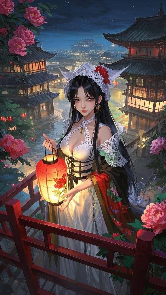 Floating Painted Scroll - Peony Lantern Night Tour