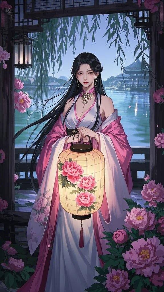 Floating Painted Scroll - Peony Lantern Night Tour