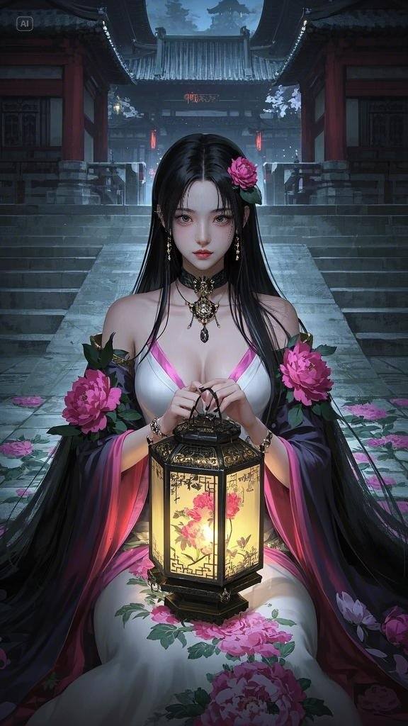 Floating Painted Scroll - Peony Lantern Night Tour