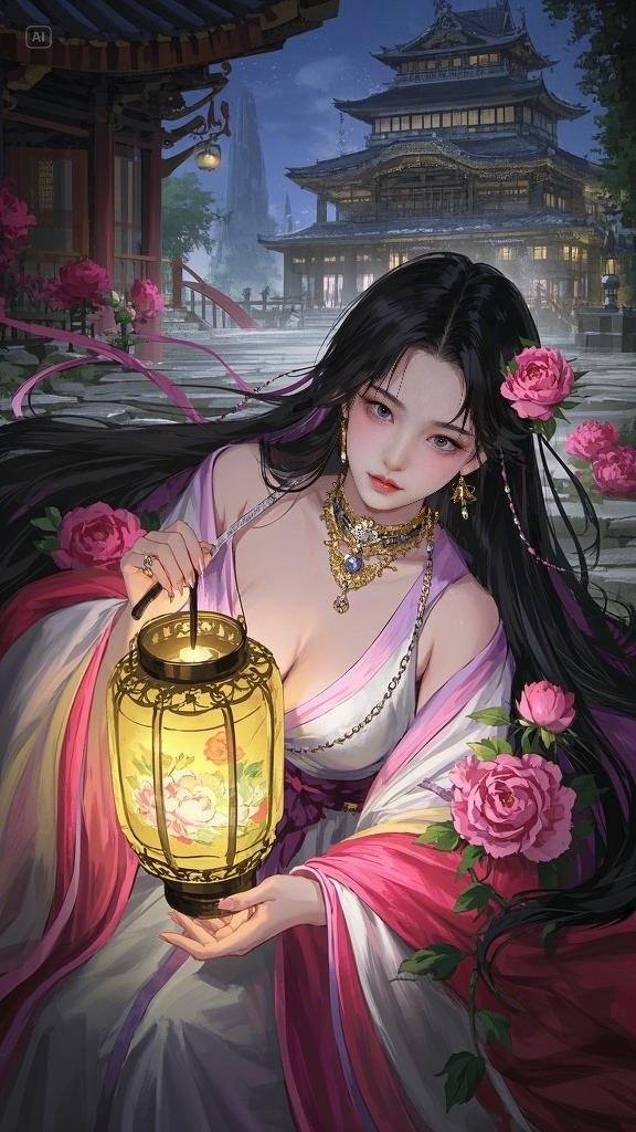 Floating Painted Scroll - Peony Lantern Night Tour
