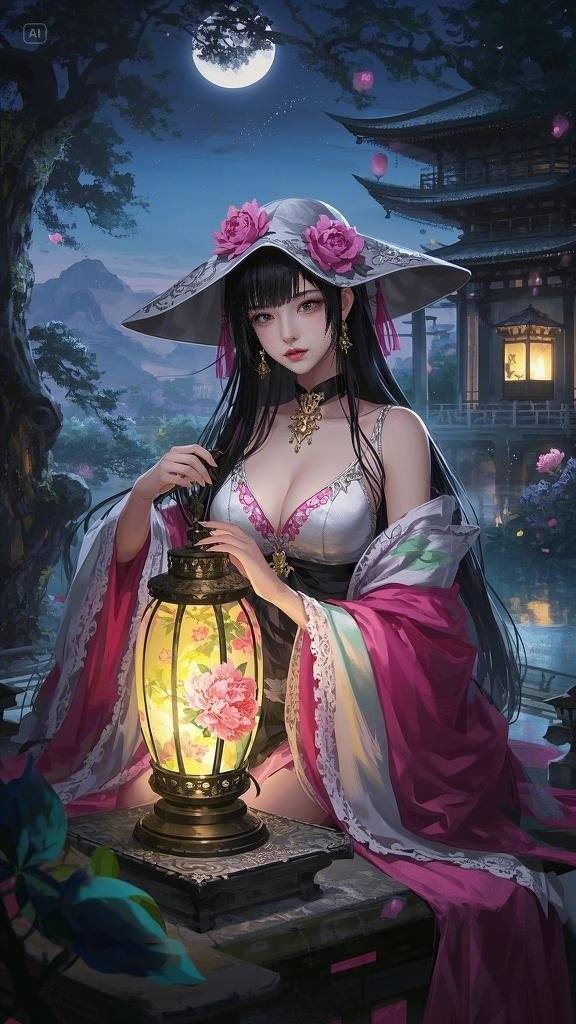 Floating Painted Scroll - Peony Lantern Night Tour