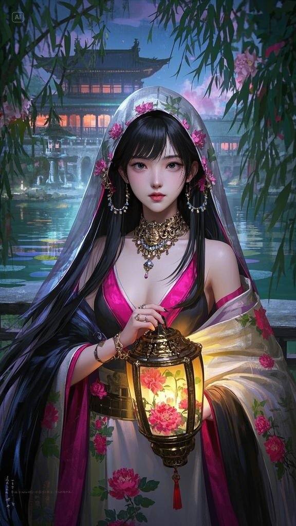 Floating Painted Scroll - Peony Lantern Night Tour