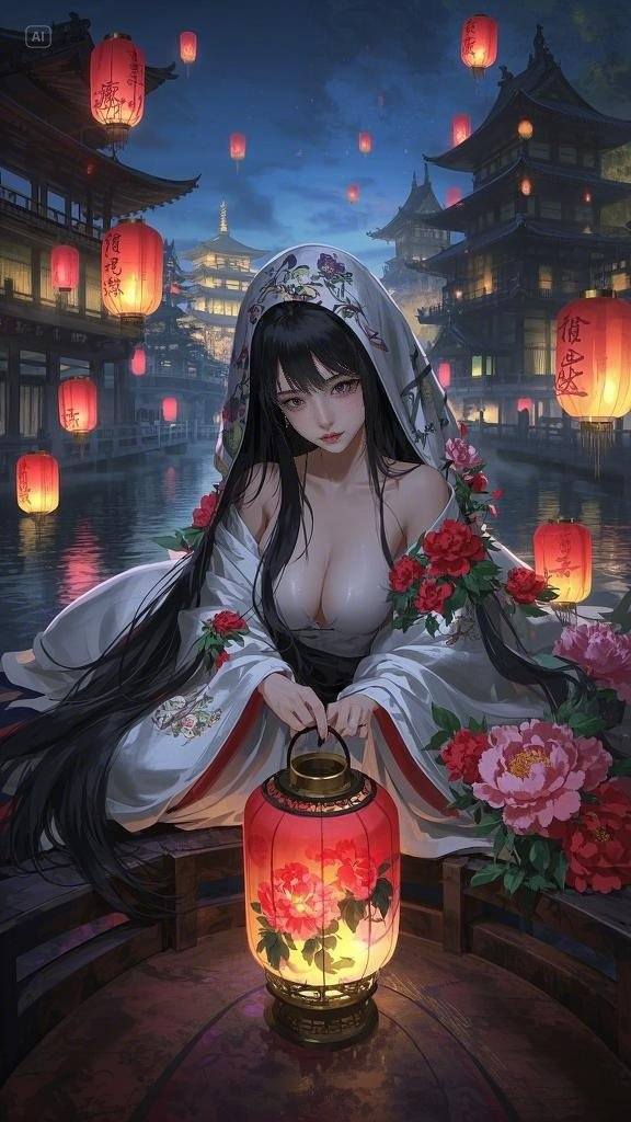 Floating Painted Scroll - Peony Lantern Night Tour