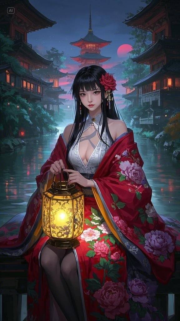 Floating Painted Scroll - Peony Lantern Night Tour