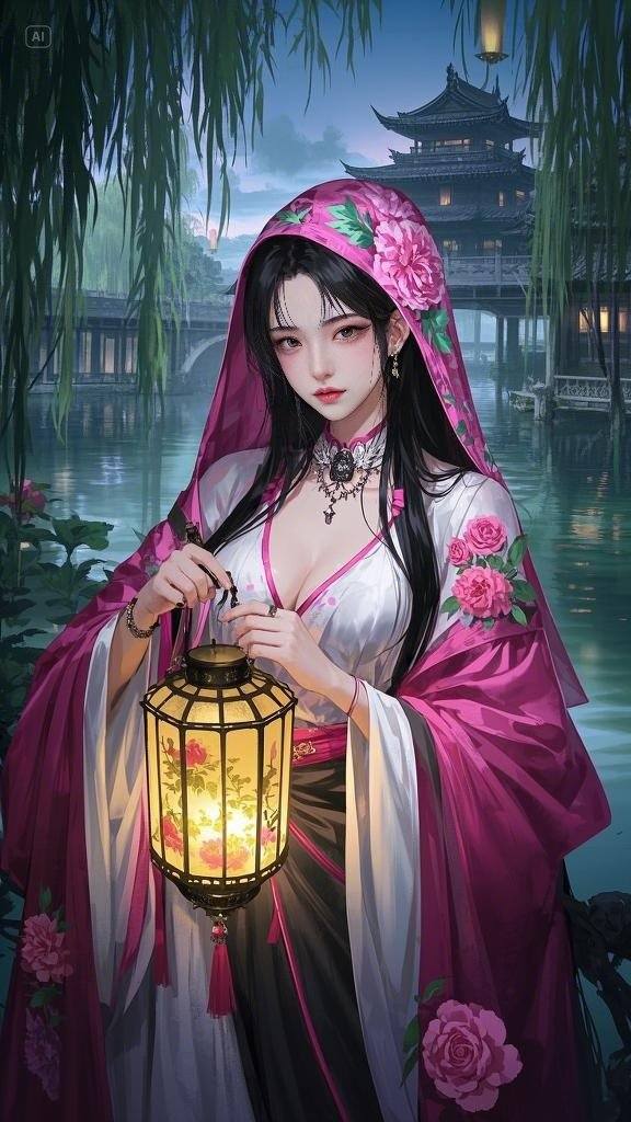 Floating Painted Scroll - Peony Lantern Night Tour