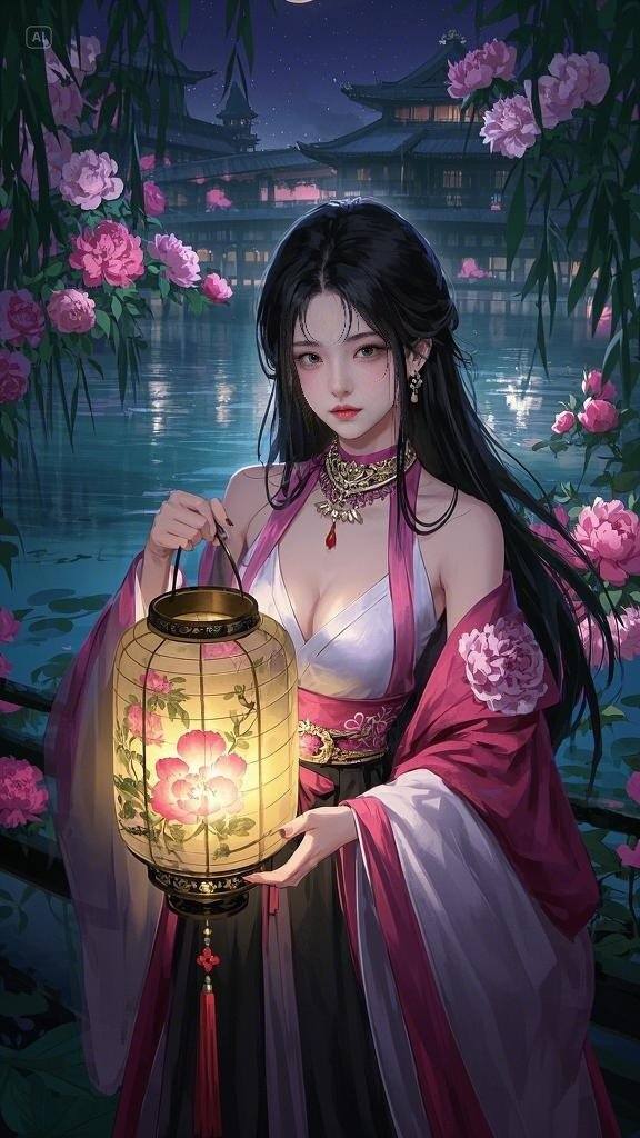 Floating Painted Scroll - Peony Lantern Night Tour