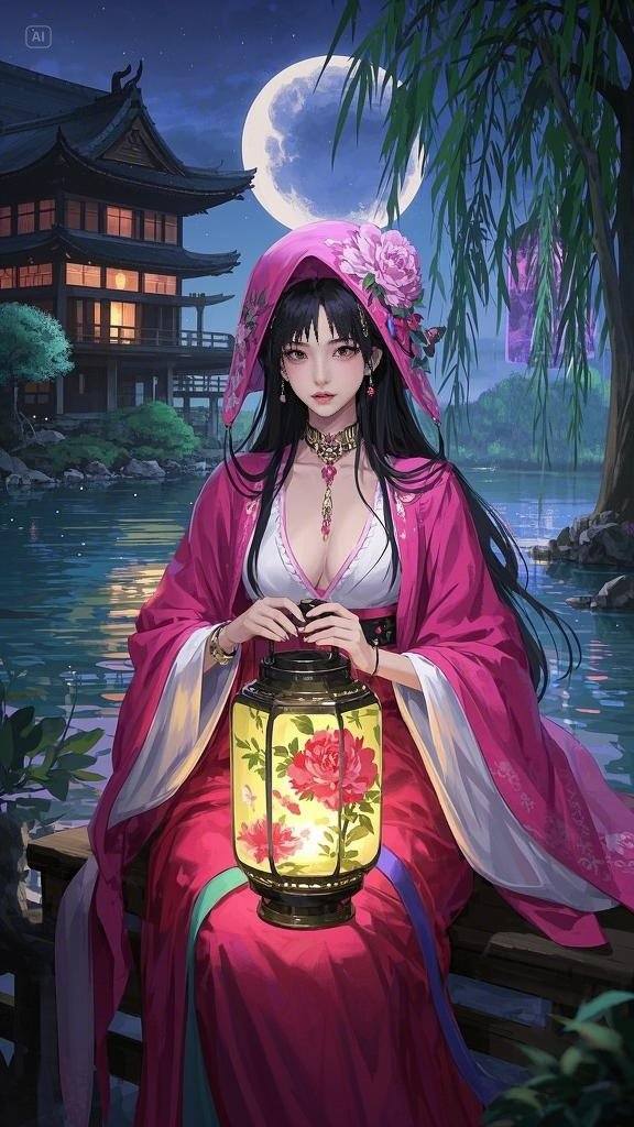 Floating Painted Scroll - Peony Lantern Night Tour