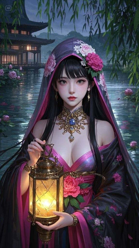Floating Painted Scroll - Peony Lantern Night Tour