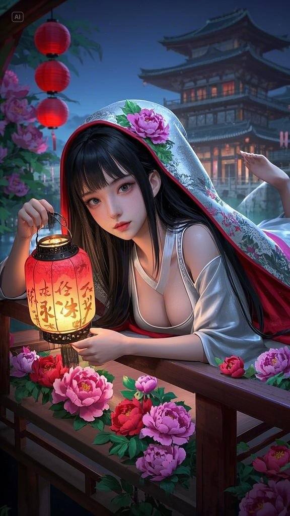 Floating Painted Scroll - Peony Lantern Night Tour