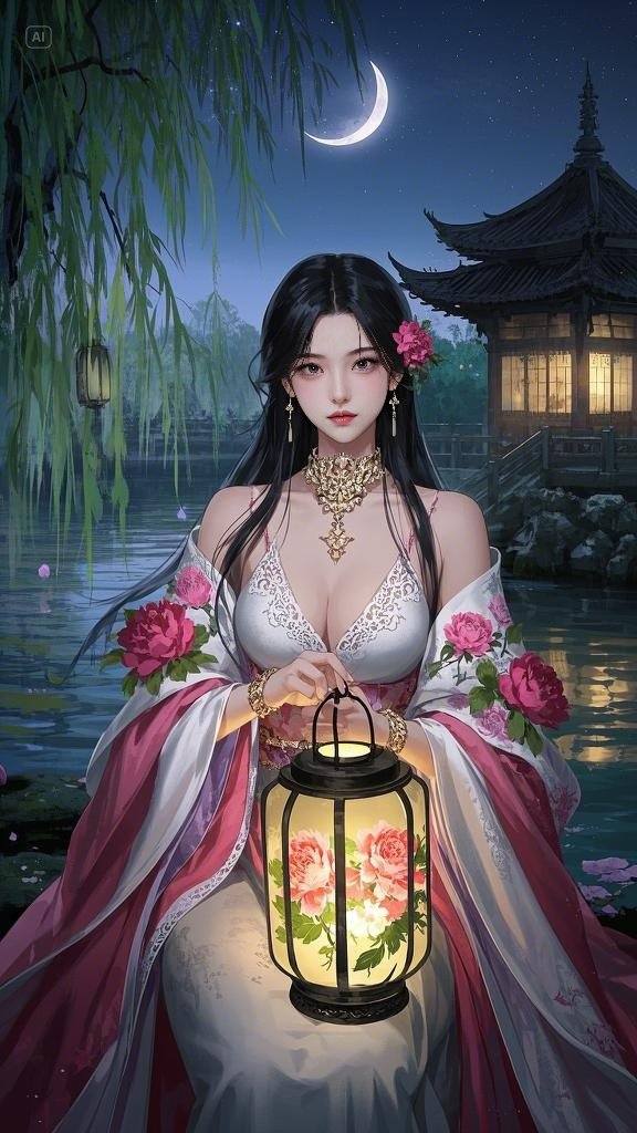 Floating Painted Scroll - Peony Lantern Night Tour