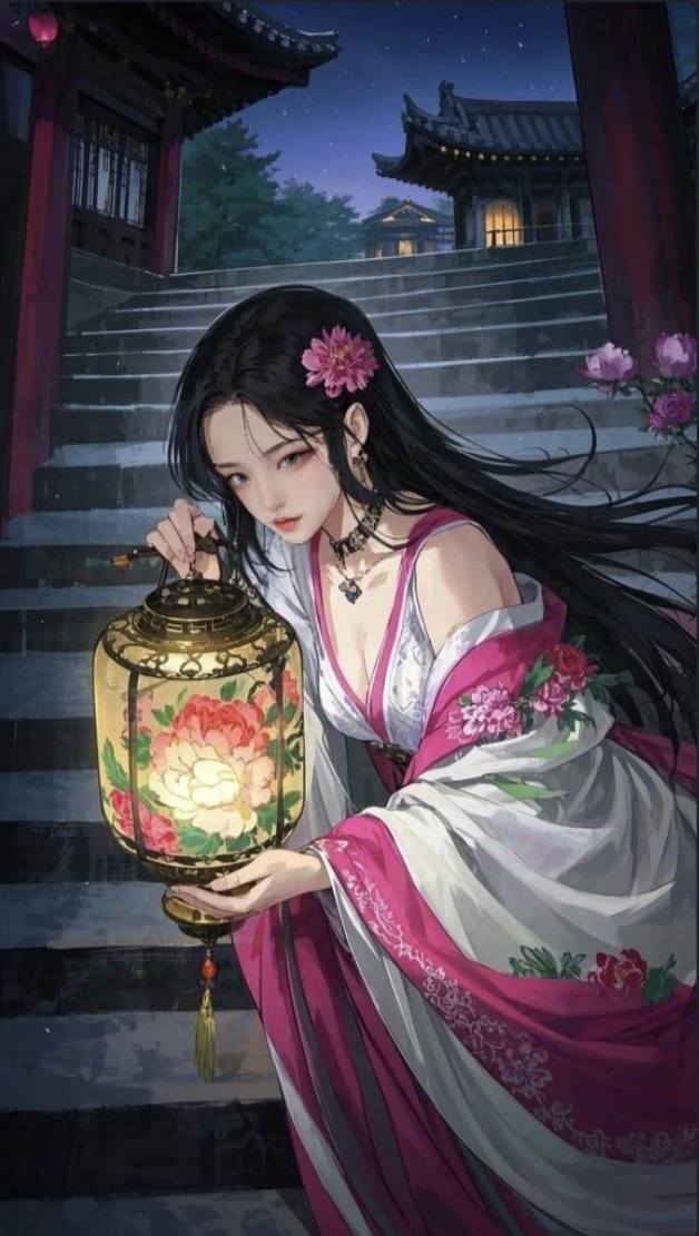 Floating Painted Scroll - Peony Lantern Night Tour
