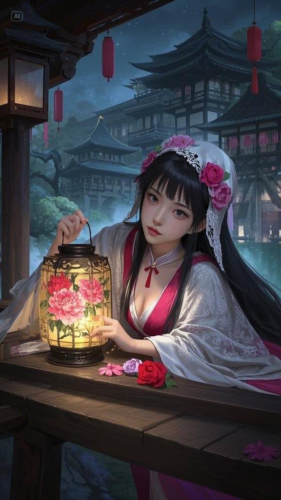 Floating Painted Scroll - Peony Lantern Night Tour