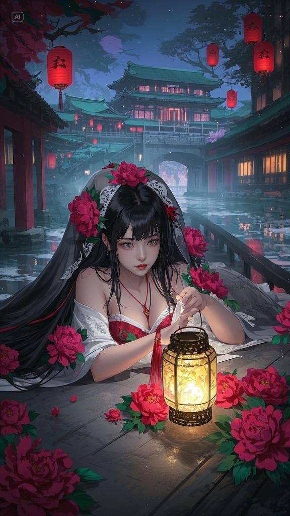 Floating Painted Scroll - Peony Lantern Night Tour