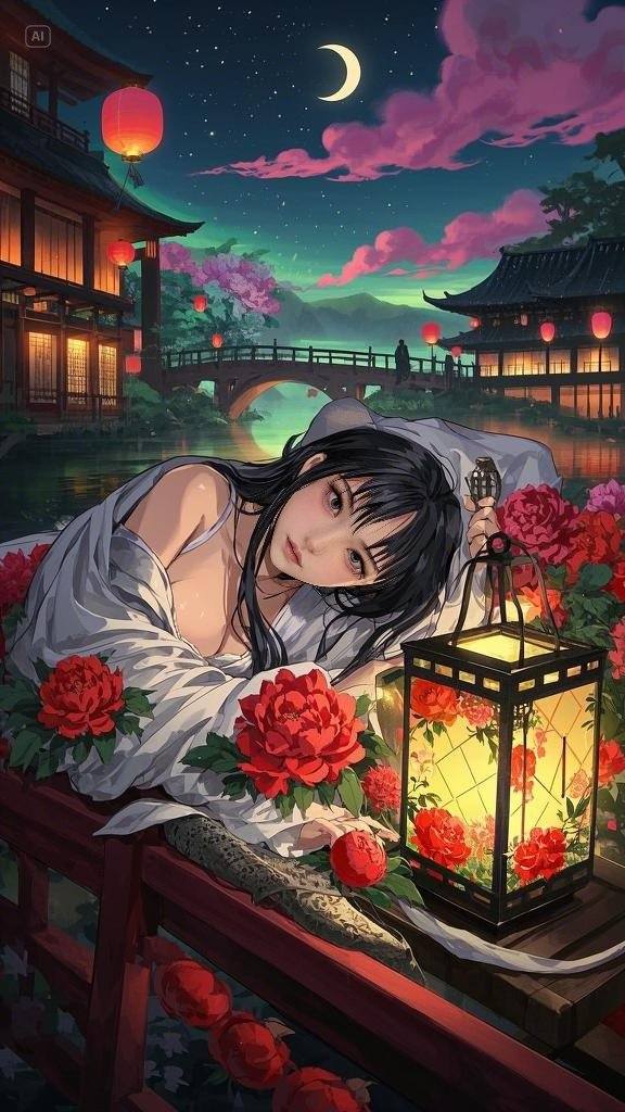 Floating Painted Scroll - Peony Lantern Night Tour