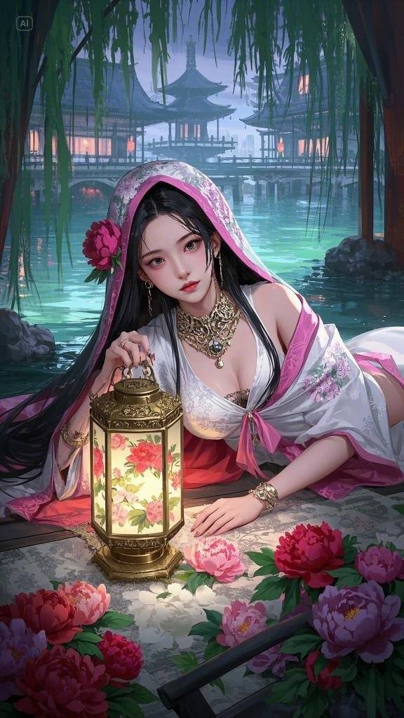 Floating Painted Scroll - Peony Lantern Night Tour