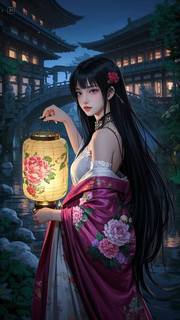Floating Painted Scroll - Peony Lantern Night Tour