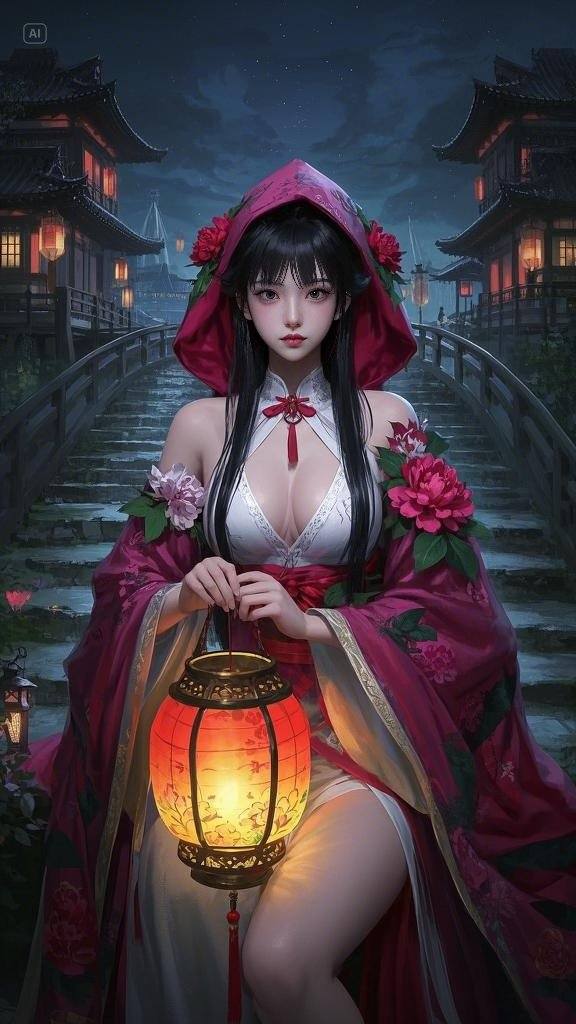 Floating Painted Scroll - Peony Lantern Night Tour