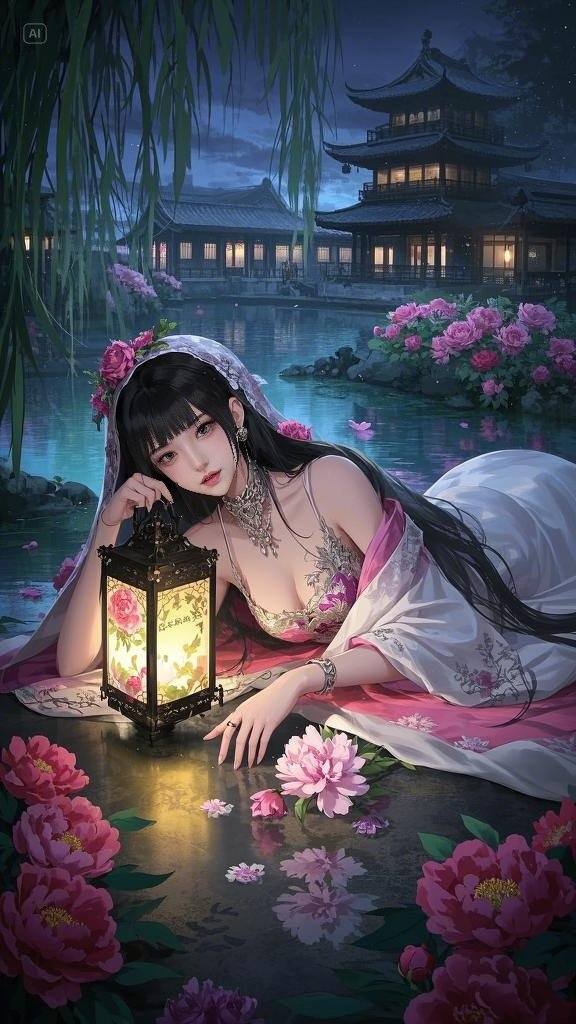 Floating Painted Scroll - Peony Lantern Night Tour