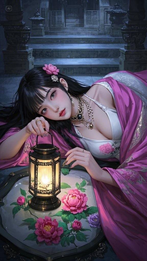 Floating Painted Scroll - Peony Lantern Night Tour
