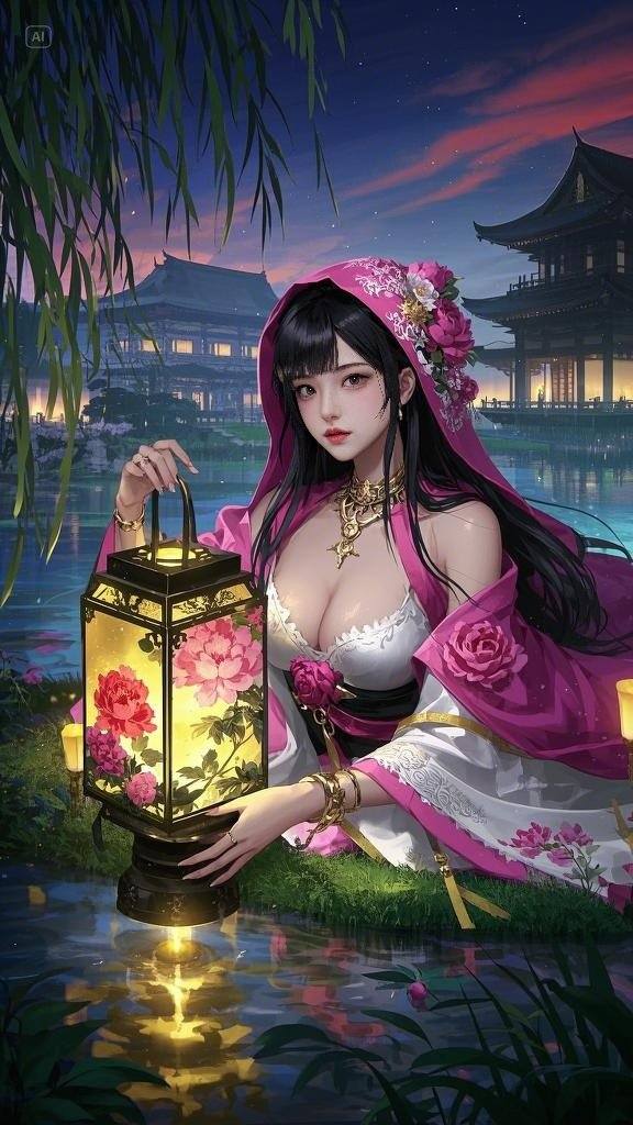 Floating Painted Scroll - Peony Lantern Night Tour