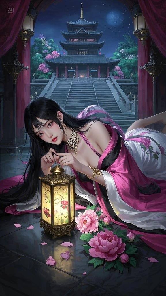 Floating Painted Scroll - Peony Lantern Night Tour