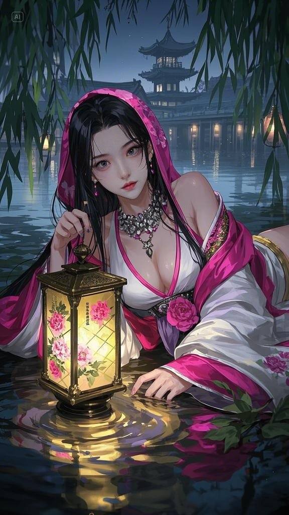 Floating Painted Scroll - Peony Lantern Night Tour