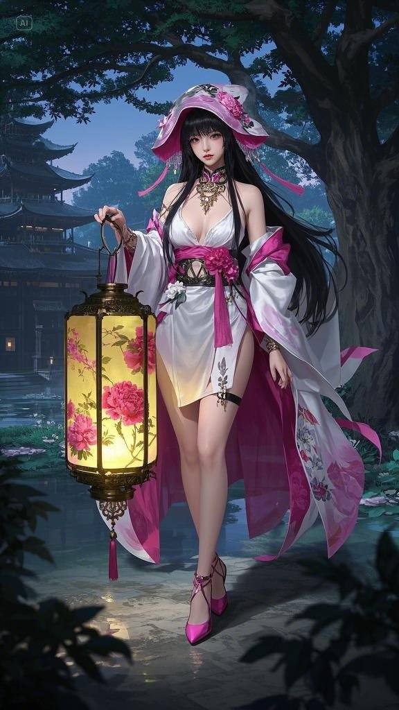 Floating Painted Scroll - Peony Lantern Night Tour