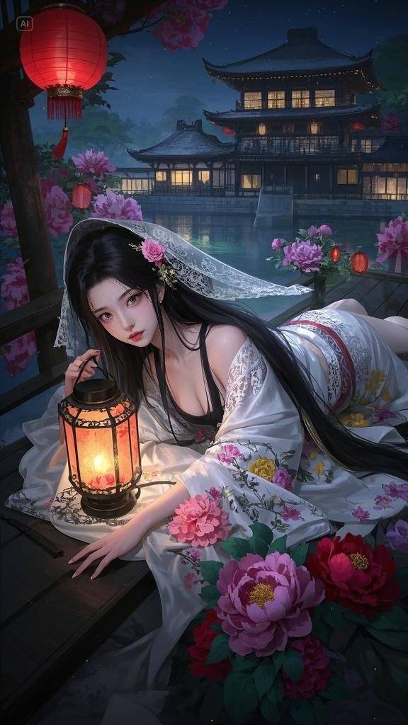 Floating Painted Scroll - Peony Lantern Night Tour