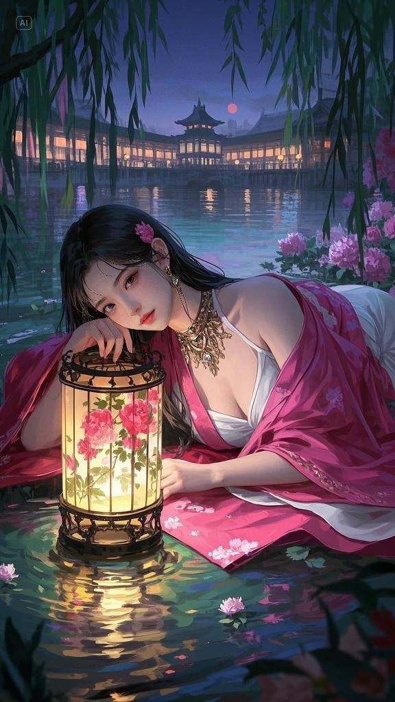 Floating Painted Scroll - Peony Lantern Night Tour