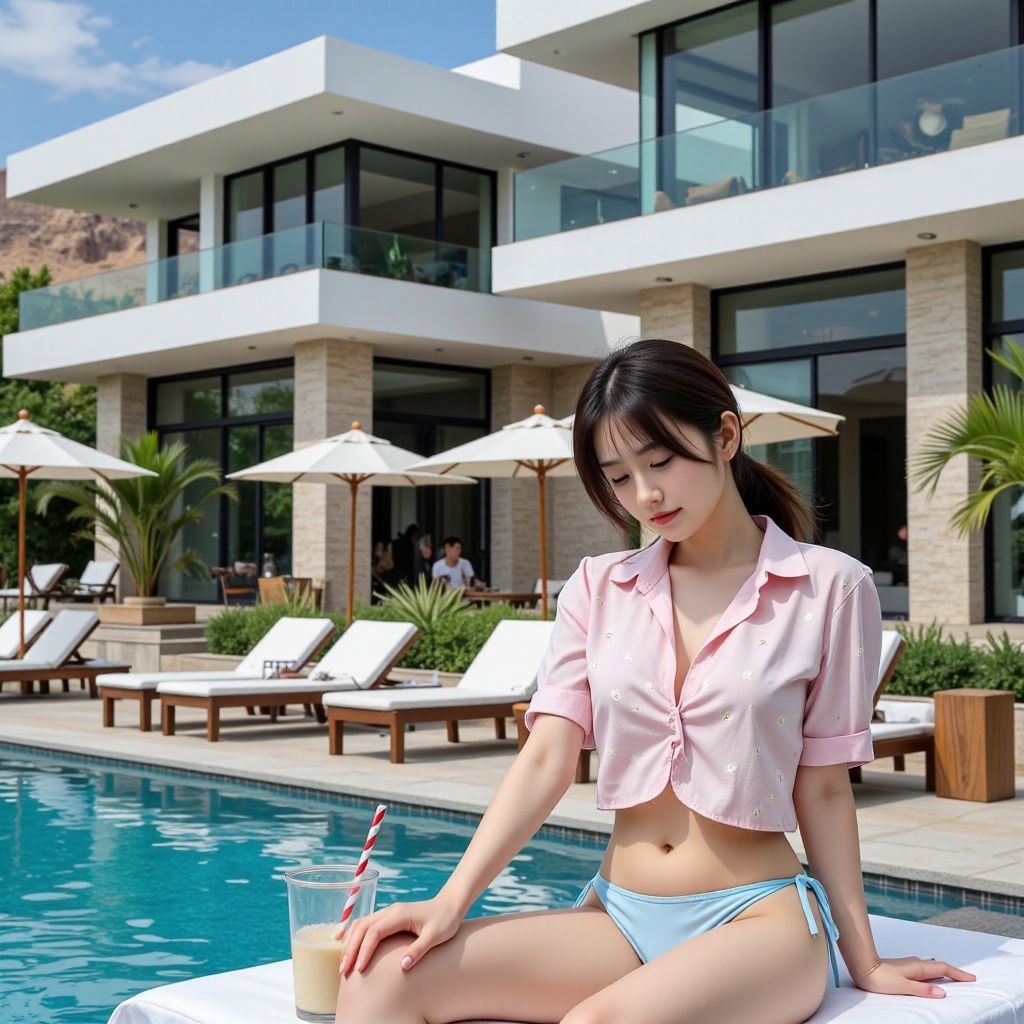 Swimming Pool at Villa Mansion - Sunbathing for Girls