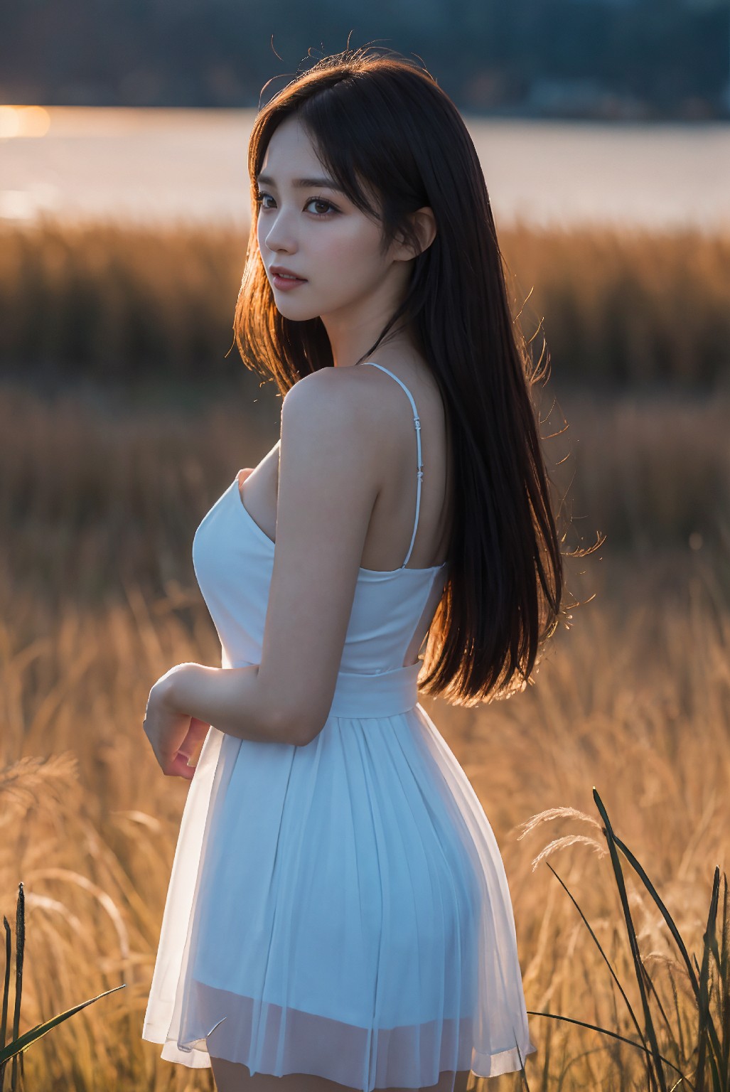 Photoshoot in Reed Field at Sunset