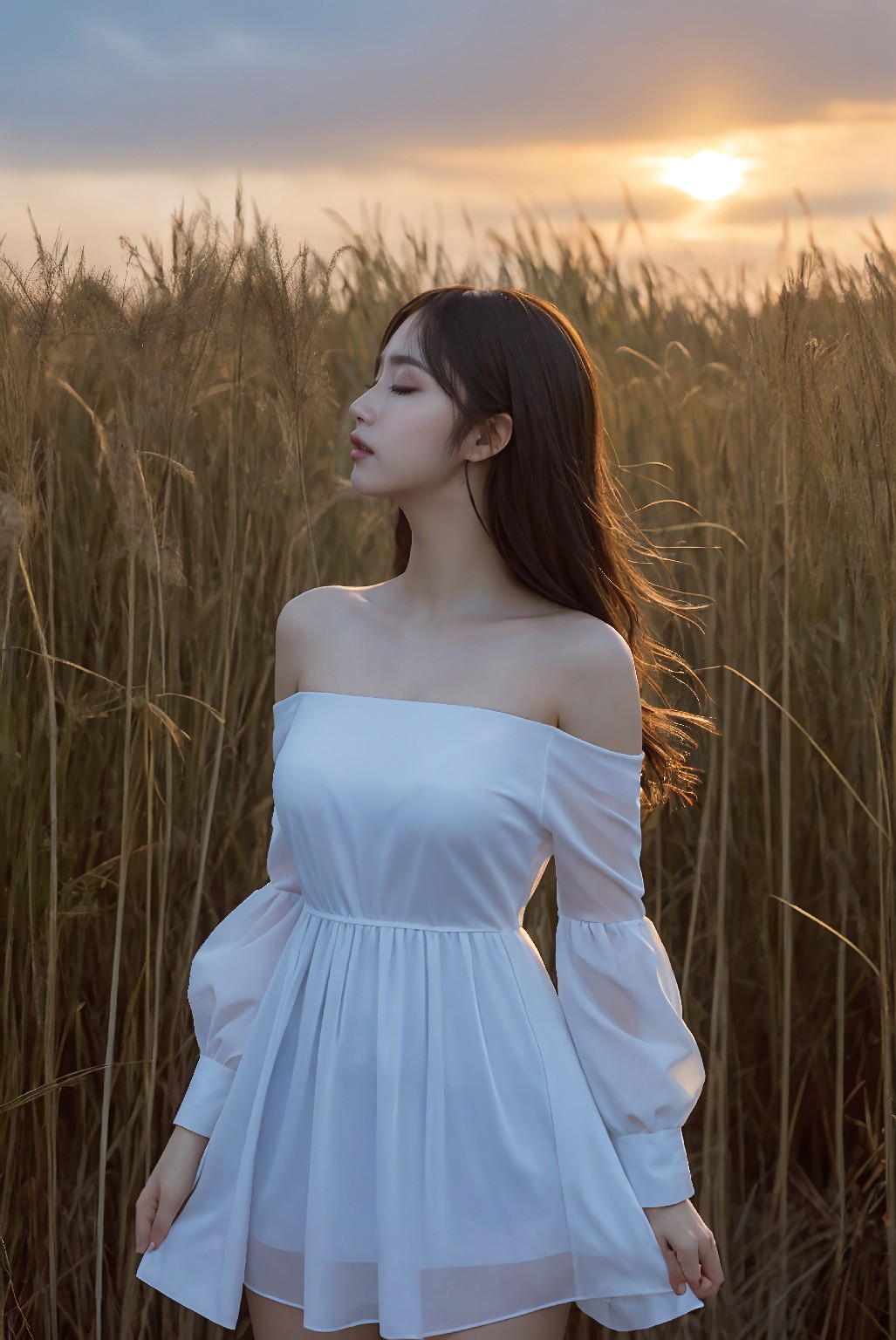 Photoshoot in Reed Field at Sunset